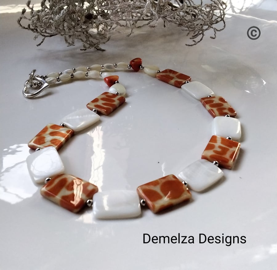 Designer Natural Mother Of Pearl, & Coral Necklace 