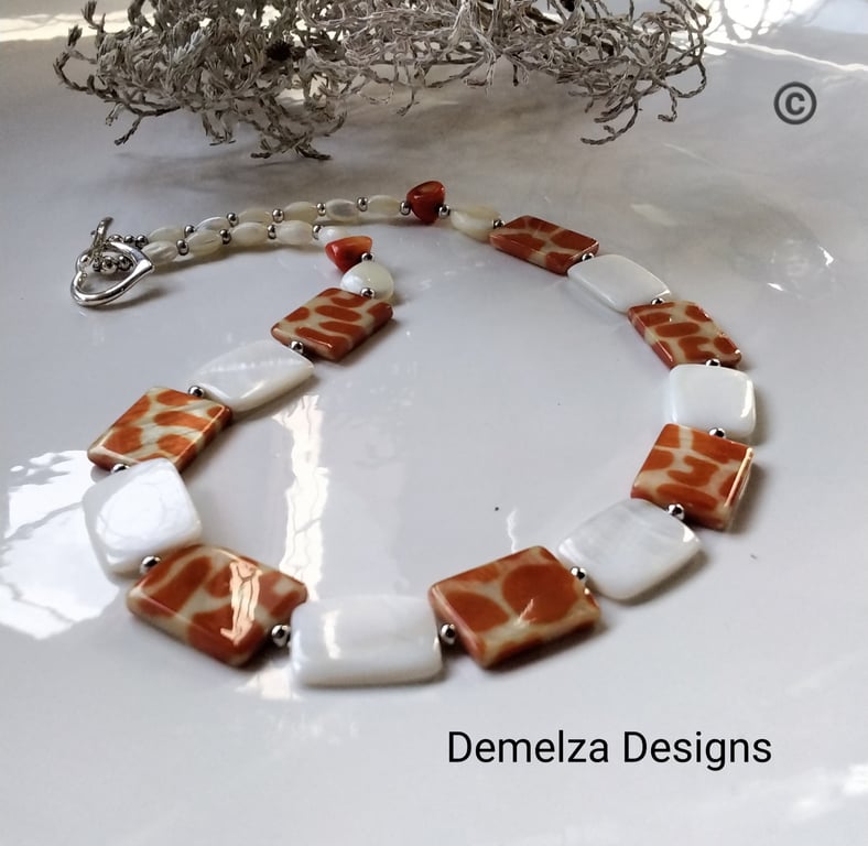 Designer Natural Mother Of Pearl, & Coral Necklace 