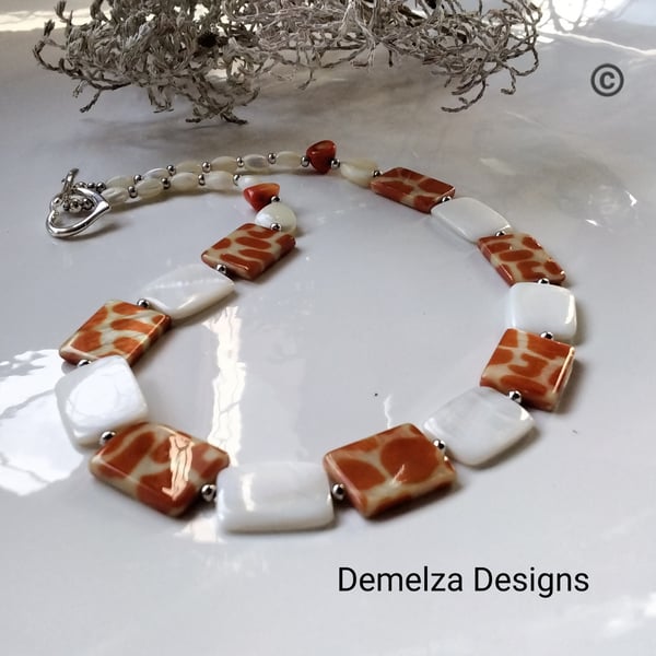 Natural Mother Of Pearl, & Coral Necklace 