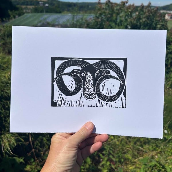 Rams Head Linocut Original Print 