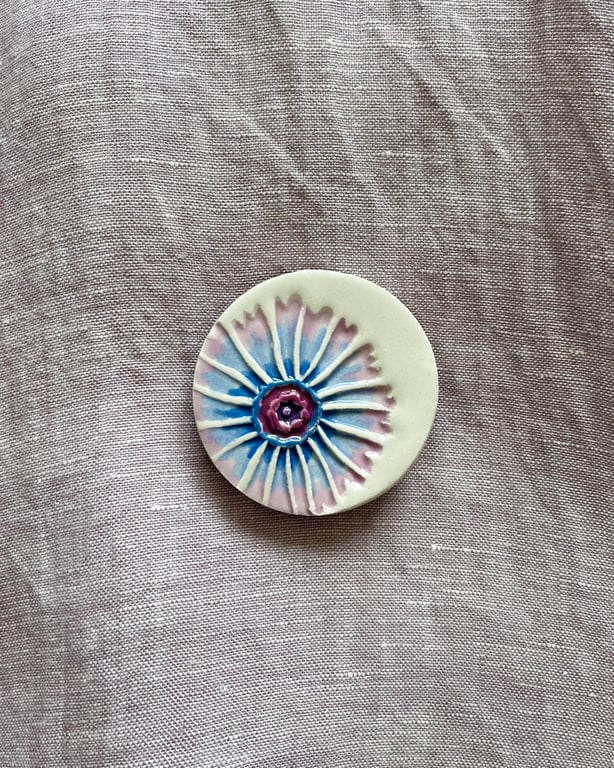 Handmade Ceramic Cornflower brooch, Hand Made Pottery Badge