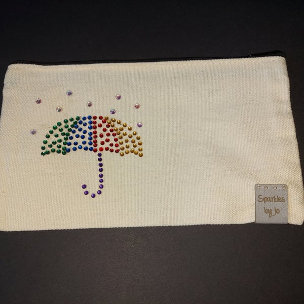 RAINBOW UMBRELLA SPARKLES MAKEUP BAG PENCILCASE, hand sparkled, rainbow umbrella