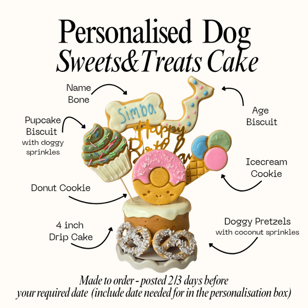 Dog Sweets and Treats Birthday Cake treat box, Homemade iced cake and biscuits 
