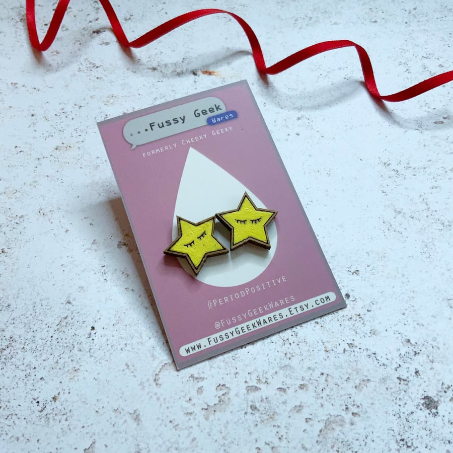 Sleeping Star Earrings, yellow hand painted stars with silver sterling posts