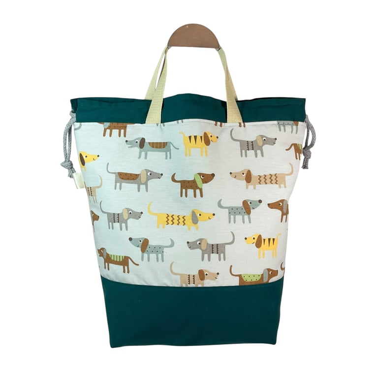 Extra Large drawstring knitting bag with dog print, multi pockets project bag