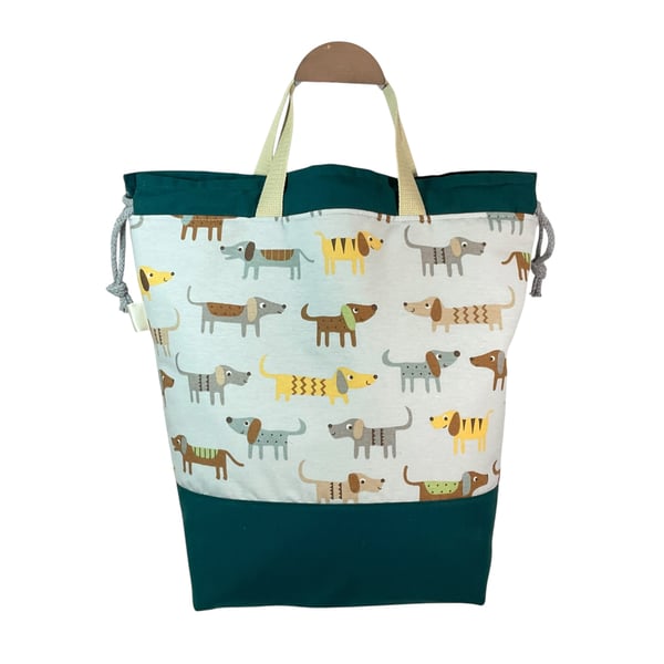 Extra Large drawstring knitting bag with dog print, multi pockets project bag