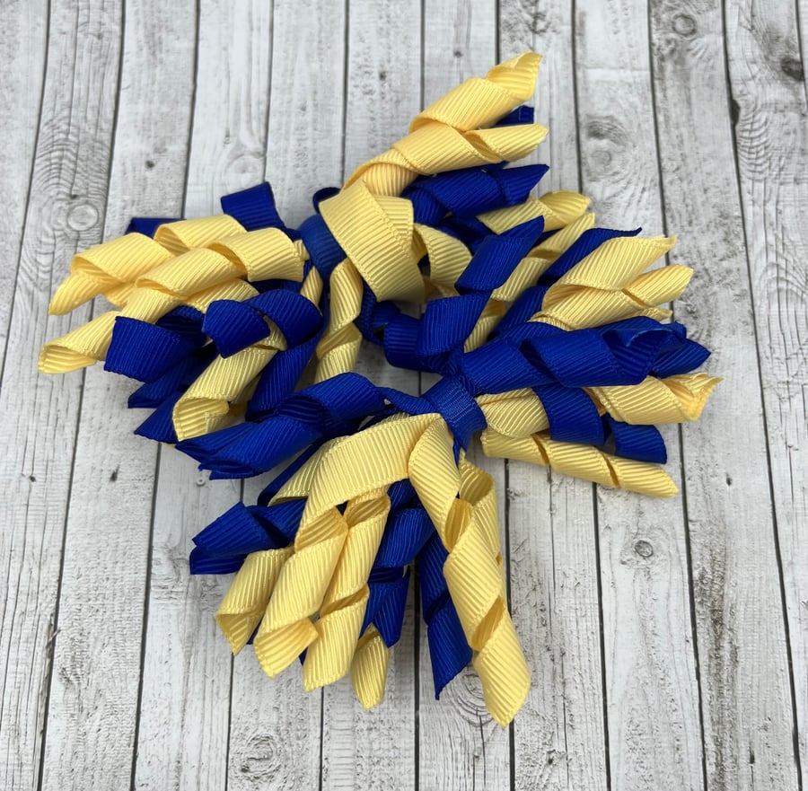 3 inch Cobalt Blue and Pale Yellow Curly Corkers on Clips (pair)