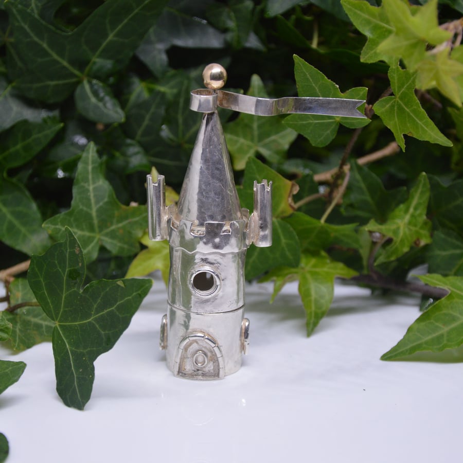 Sterling silver two tiered castle christening box with table, candle & dragon