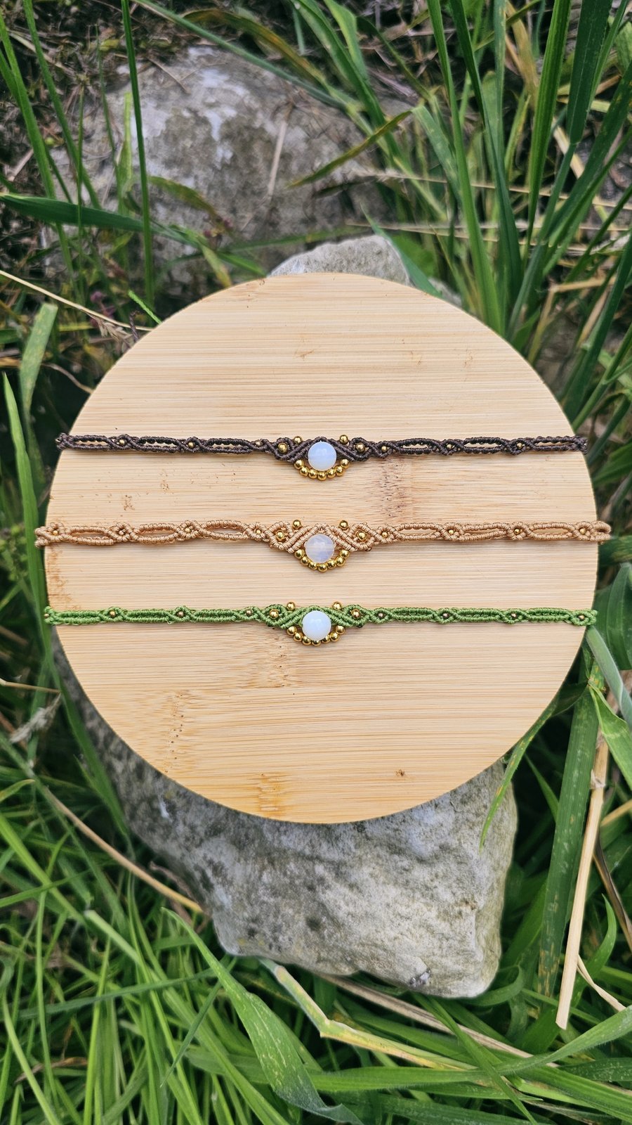 Boho Macrame Choker with Moonstone & Gold Beads – 3 Colours