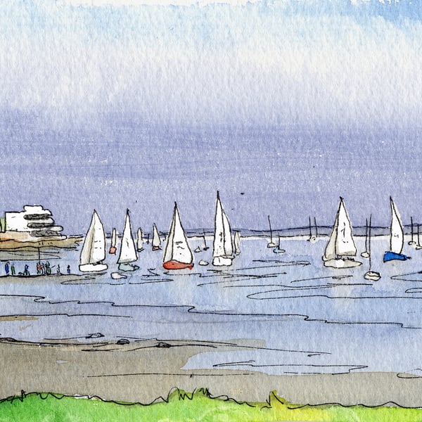 Essex - Burnham-on-Crouch DL Blank Card of Watercolour and Pen 01