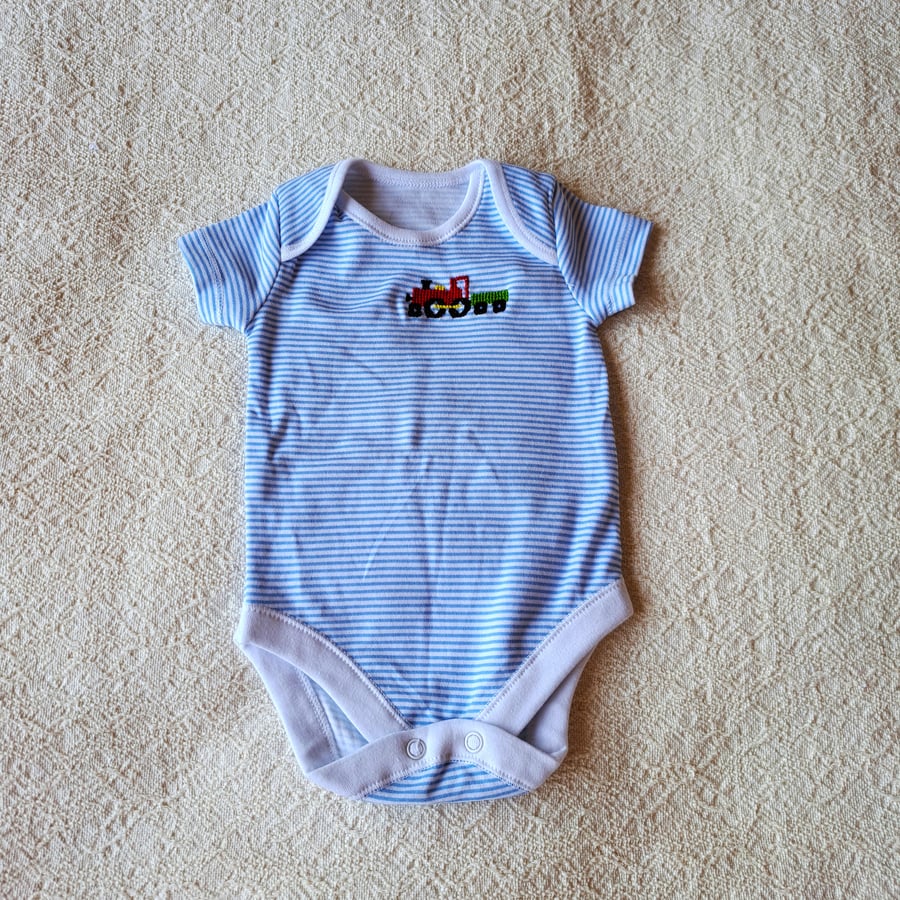 Train, baby vest, age 0-3 months, hand embroidered