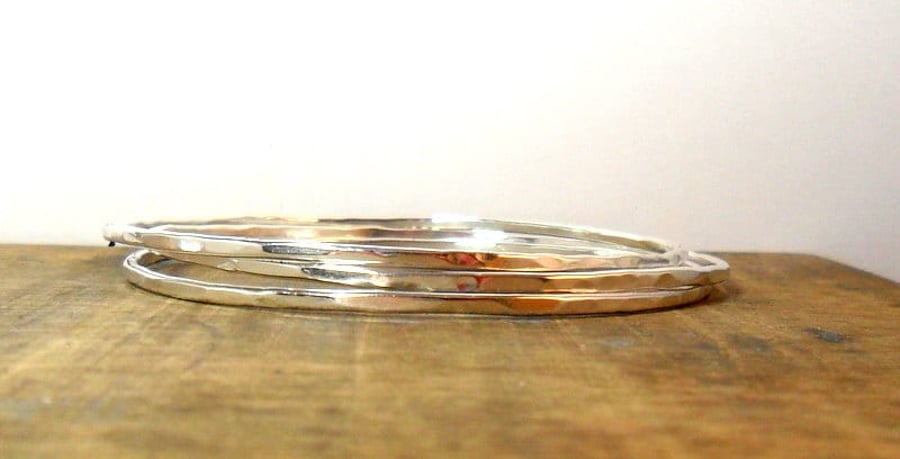 Set of Three Solid Sterling Silver Skinny Hammered Stacking Bangles