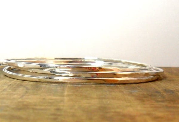 Set of Three Solid Sterling Silver Skinny Hammered Stacking Bangles