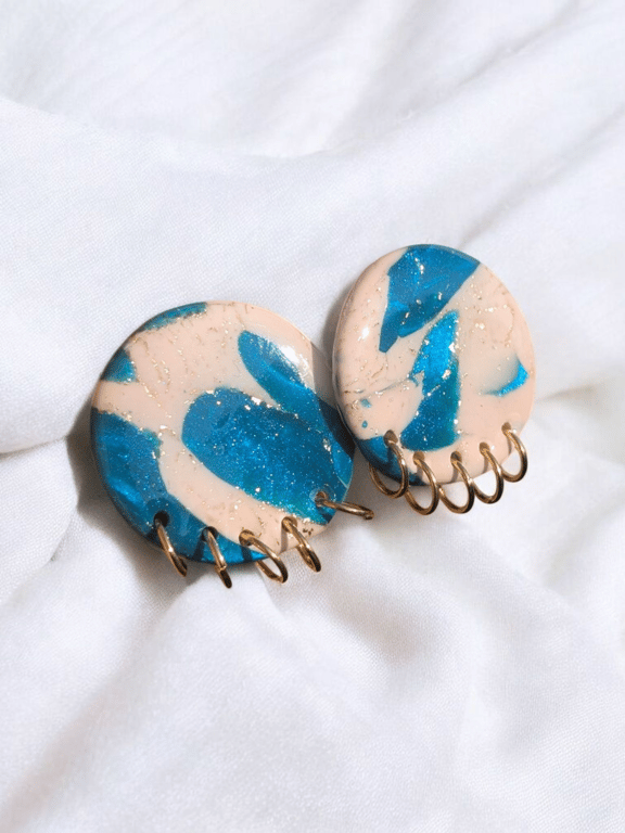 Round Turquoise with gold accent(S2) handmade polymer clay Earring