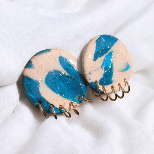 Round Turquoise with gold accent(S2) handmade polymer clay Earring