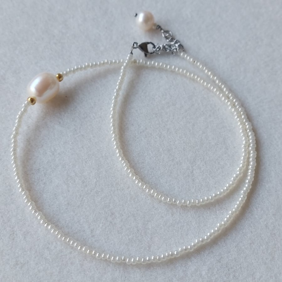 Necklace of Genuine Pearls and Seed Beads