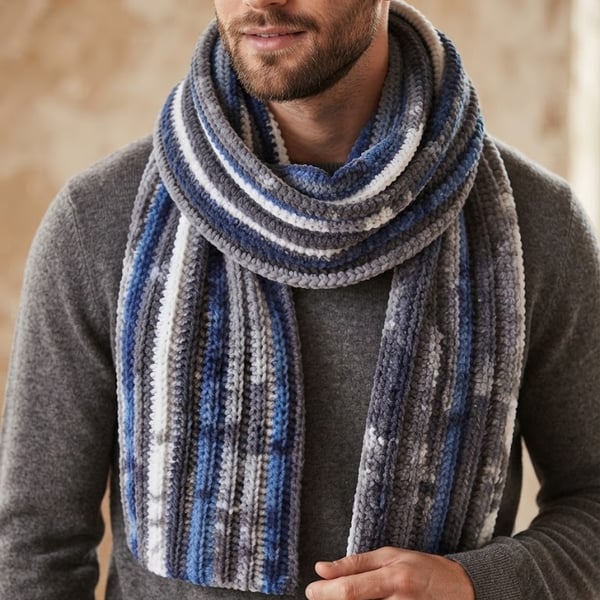 Doctor Who Inspired Crochet Scarf – Blue & Grey Winter Wrap (220cm)