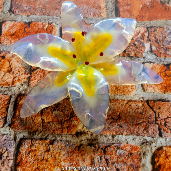 Handmade Fused Glass Opaline White and Yellow Lily 1 of 3 with Wall-mount