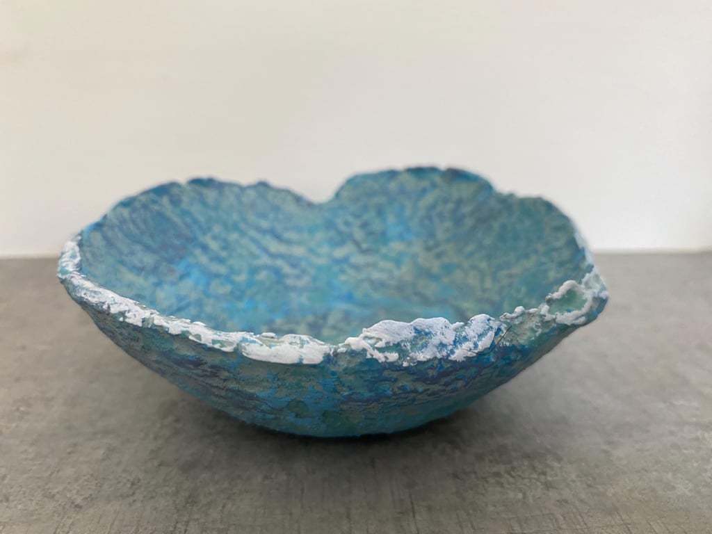 Blue Paper Mache Bowl: Wabi Sabi Sustainable Decor
