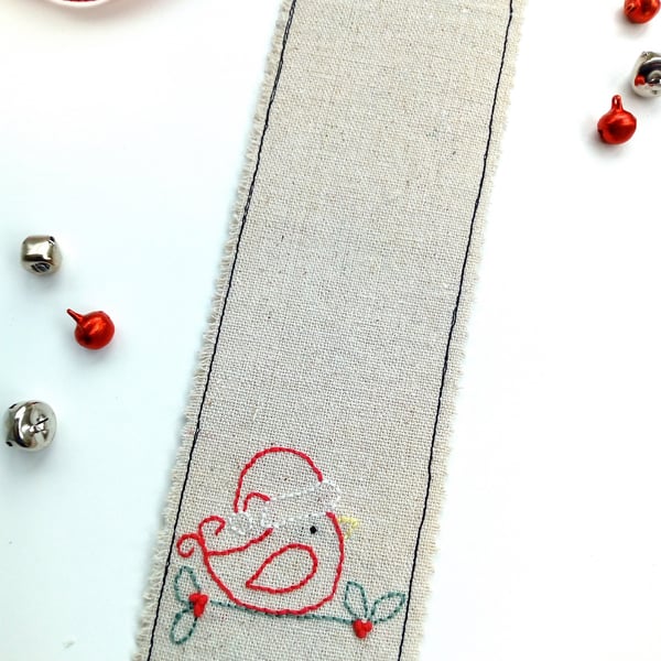 Christmas Robin Bookmark - Hand Embroidered, Fabric Bookmark