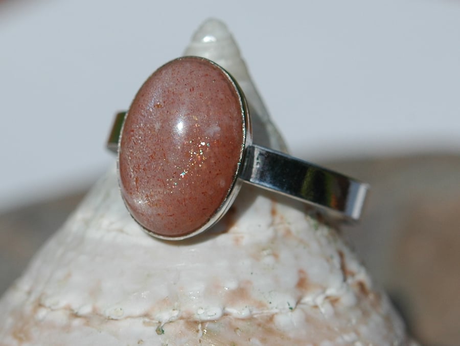 Peach Pink Moonstone Ring with Sterling Silver, Hallmarked