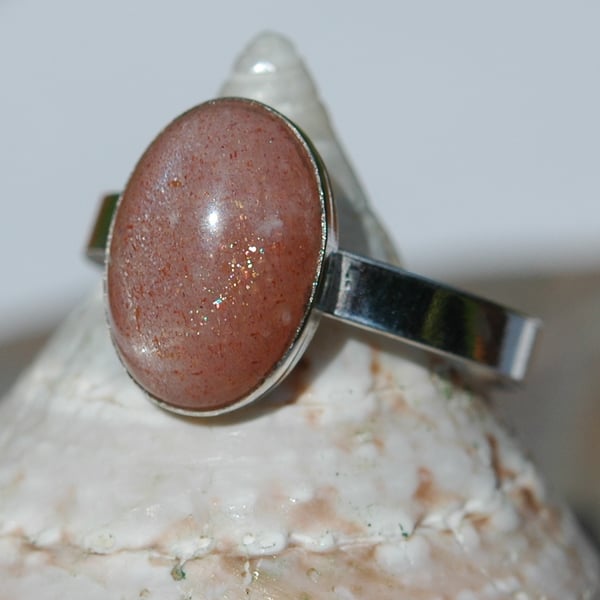 Peach Pink Moonstone Ring with Sterling Silver, Hallmarked