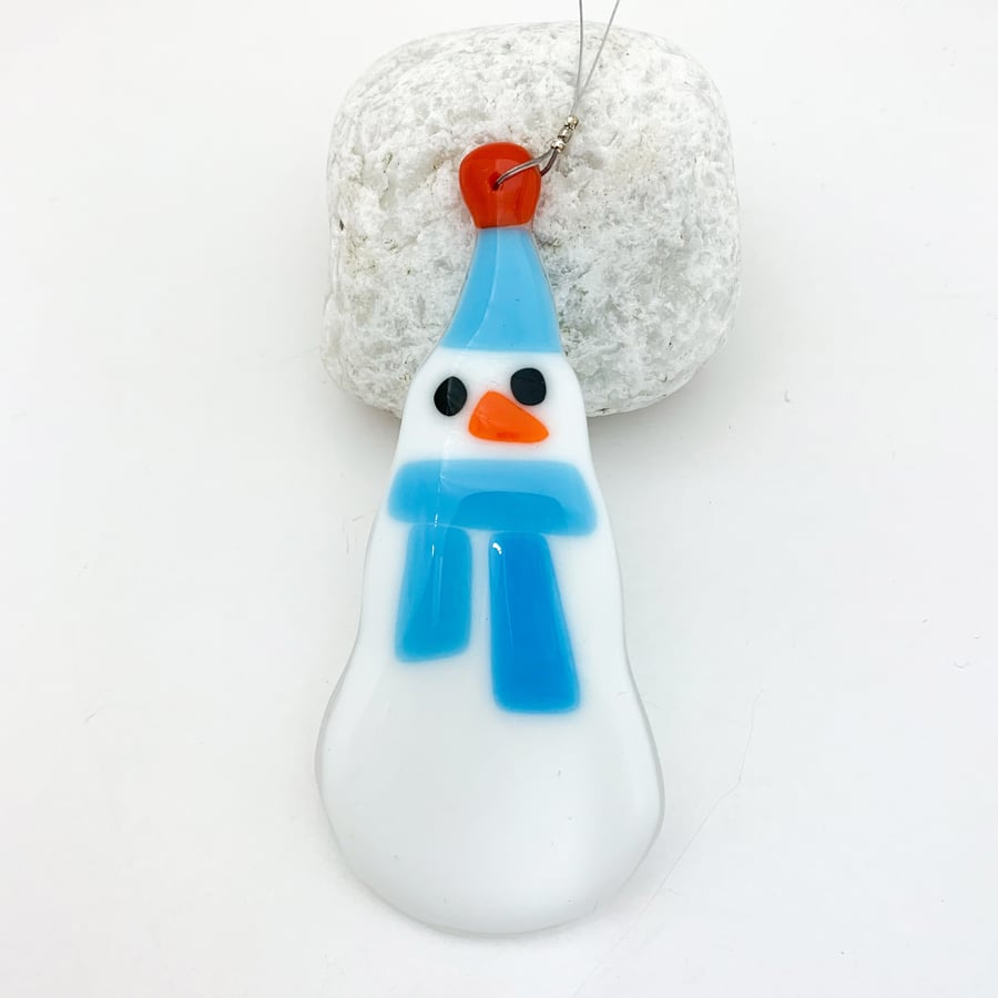 Seconds Sale - Fused Glass Snowman Hanging - Handmade Glass Decoration