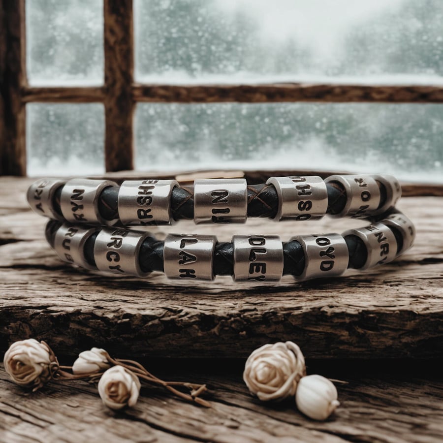 Personalised Leather Bracelet with Seven Hand Stamped Rings - Free Delivery
