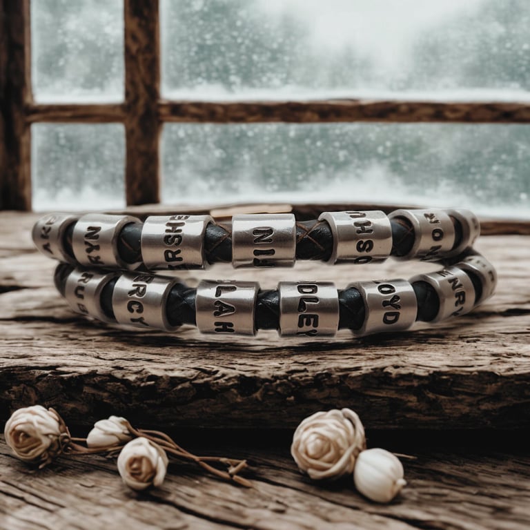 Personalised Leather Bracelet with Seven Hand Stamped Rings - Free Delivery