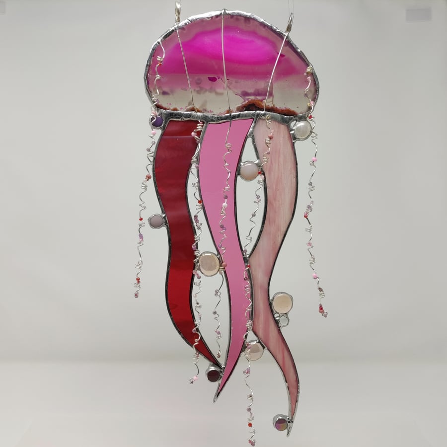 SOLD Jellyfish with large pink agate slice stained glass hanging decoration. 