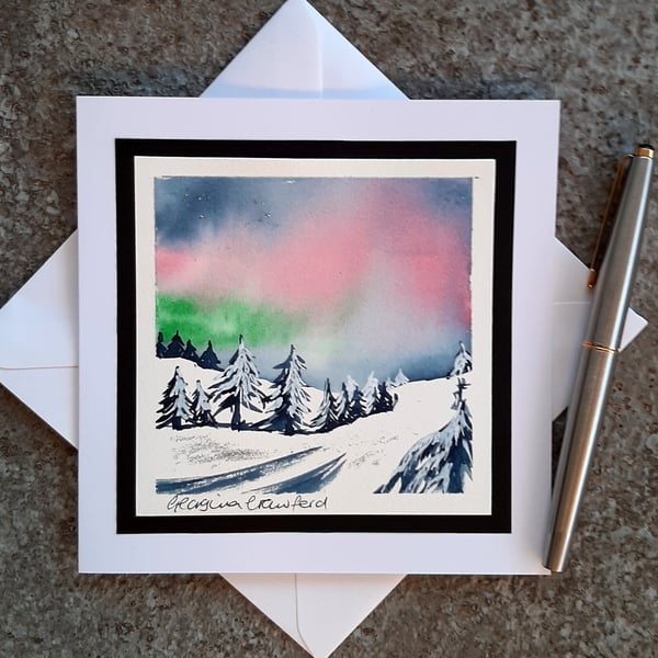 Handpainted Blank Christmas Card. Christmas Tree Snow Scene. Northern Lights