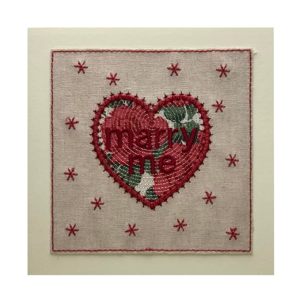 MARRY ME Valentine Card, Red Roses Heart card, Heart Textile Card, Liberty