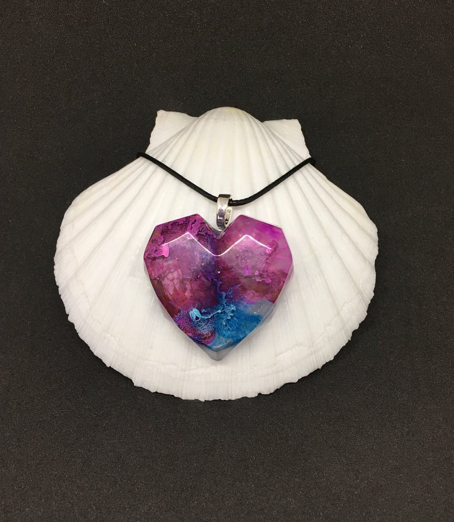 Sale, Heart pendant resin and ink purple pink and blue with necklace.