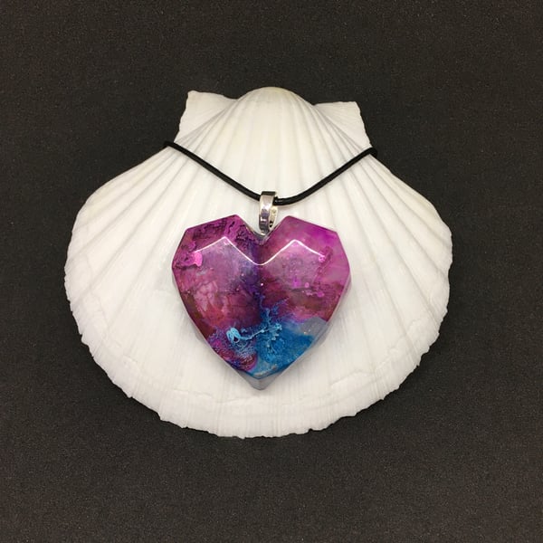 Sale, Heart pendant resin and ink purple pink and blue with necklace.