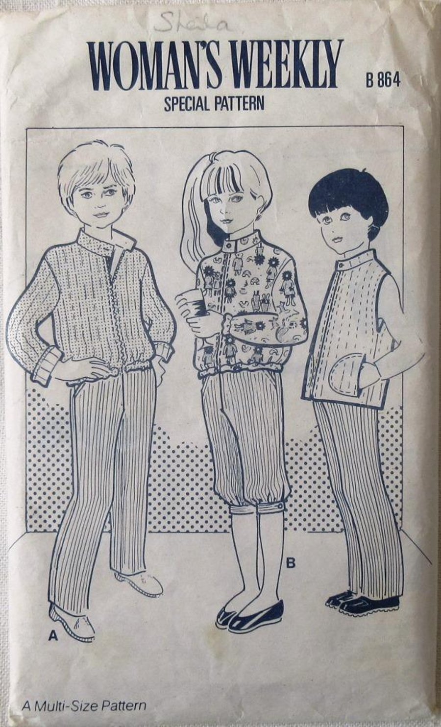 A multi-size sewing pattern for child's trousers, knickerbockers, gilet, anorak