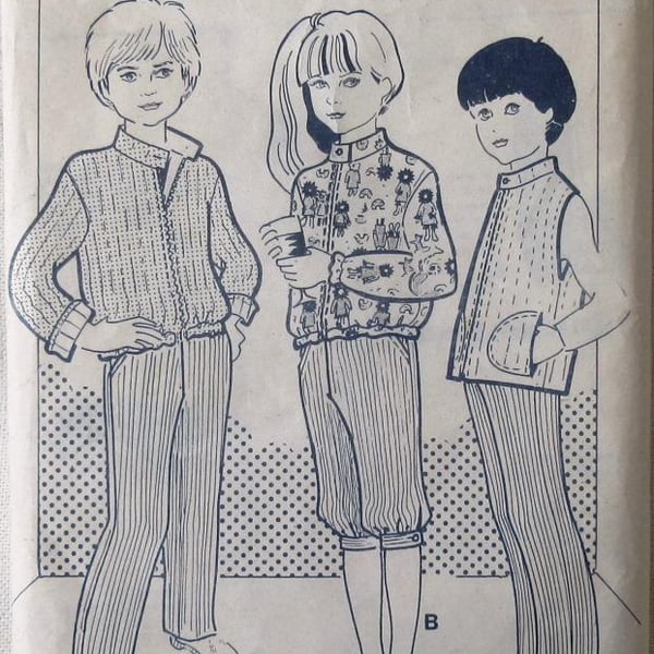 A multi-size sewing pattern for child's trousers, knickerbockers, gilet, anorak