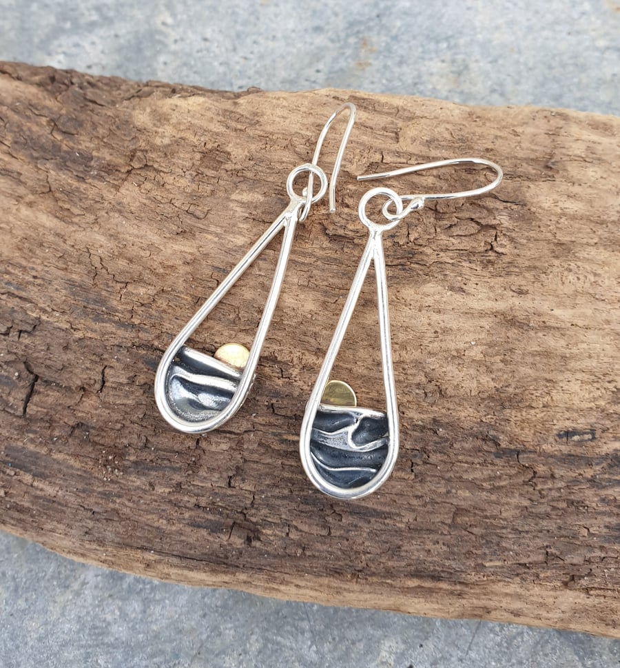 Silver sun rising over the sea or mountain earrings