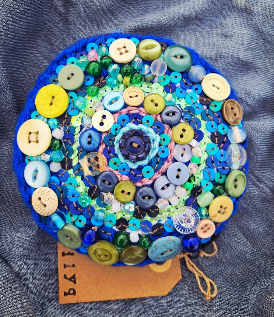 Ocean inspired Crochet purse covered in vintage buttons, beads and gemstones 
