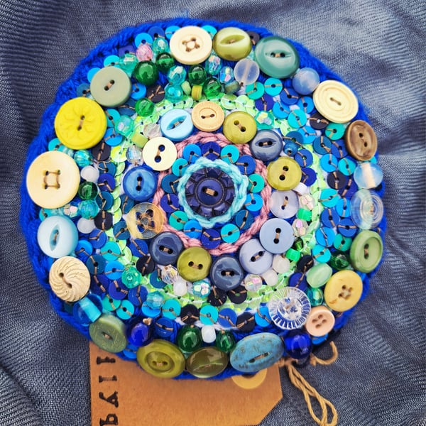 Ocean inspired Crochet purse covered in vintage buttons, beads and gemstones 