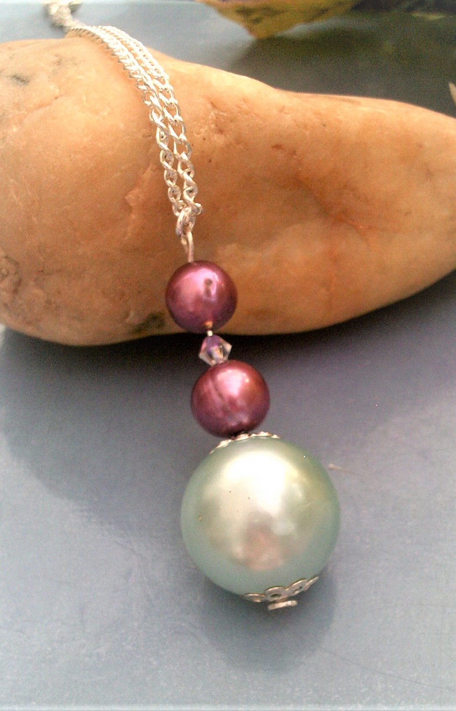 Mint Green Bead & Purple Shell Pearl Pendant Necklace and Silver Fill Chain