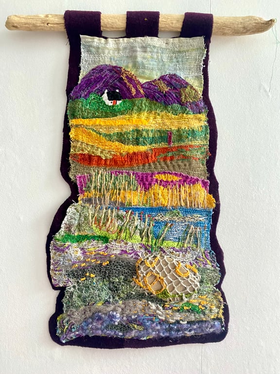 Vibrant hills and heather moors, embroidered textile landscape hanging 