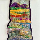 Vibrant hills and heather moors, embroidered textile landscape hanging 