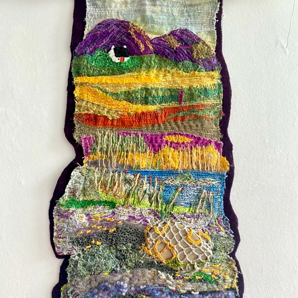 Vibrant hills and heather moors, embroidered textile landscape hanging 