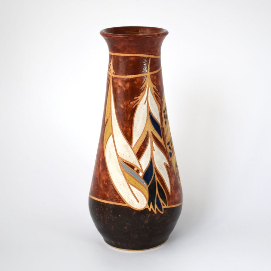 19-204 Stoneware pottery hand thrown bottle vase with feathers (Free UK postage)