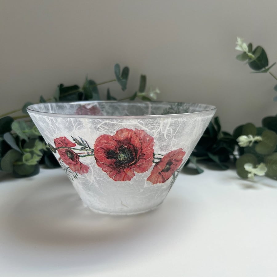 Decoupage Glass Bowl, Poppy, Upcycled