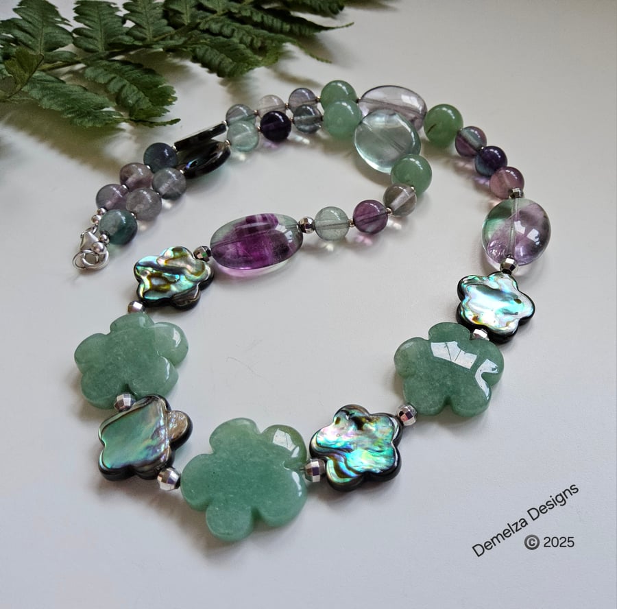 Rainbow Fluorite,  Aventurine,  Abolony Shell Sterling Silver Necklace