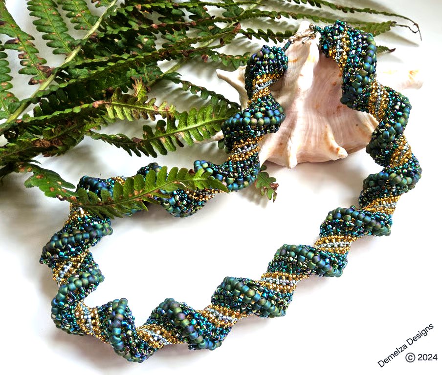 Chunky Cellini Spiral Rope  Beaded Necklace silver plate 