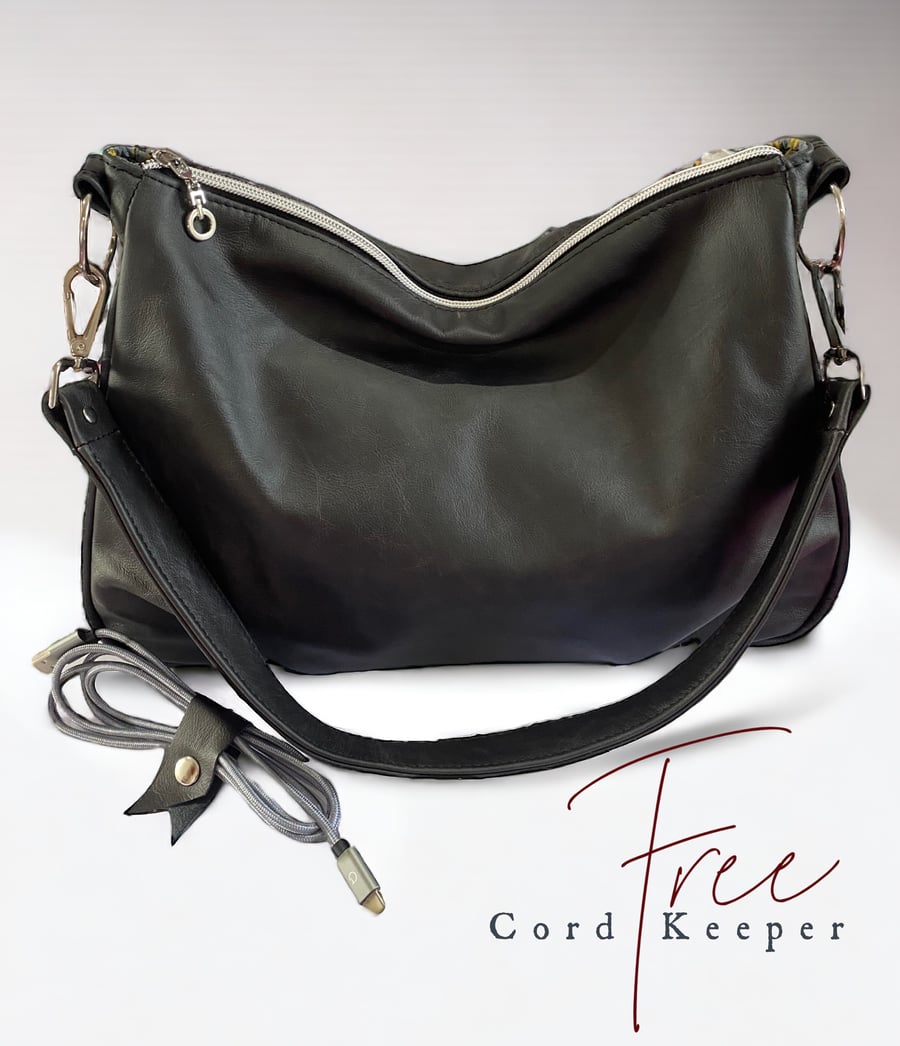 Black Leather Bag - Rescued Genuine Leather & Silk Lined Handbag