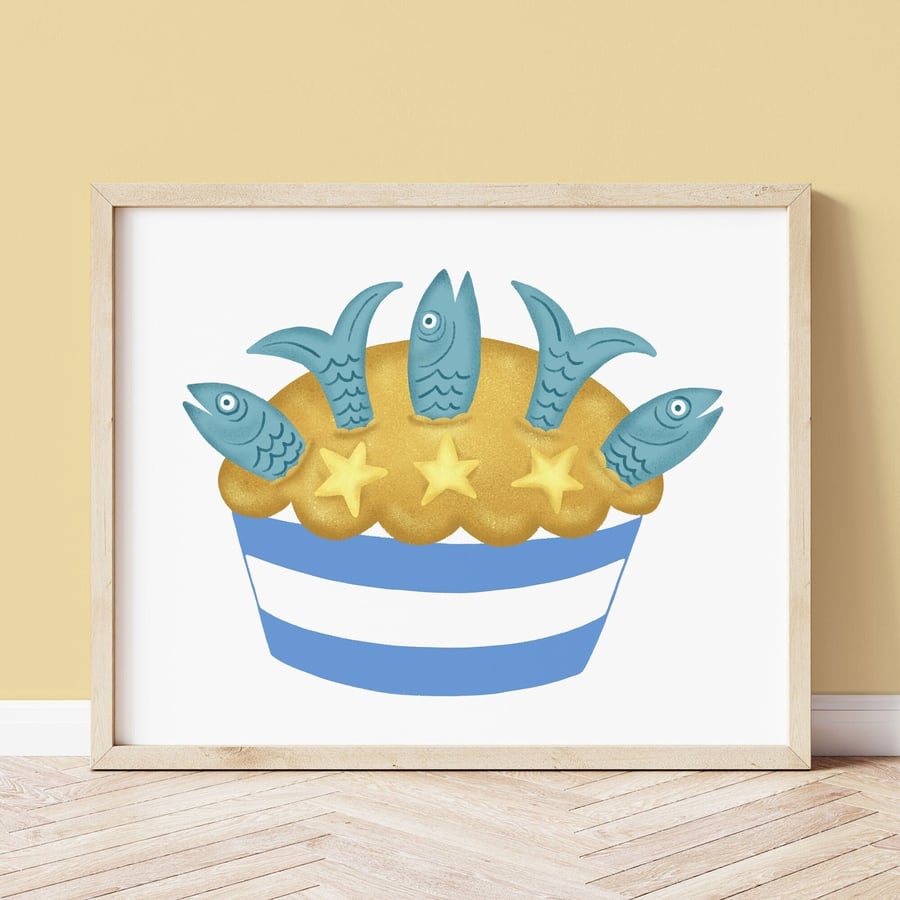 Stargazy Pie Illustrated Art Print - Cornwall Art 