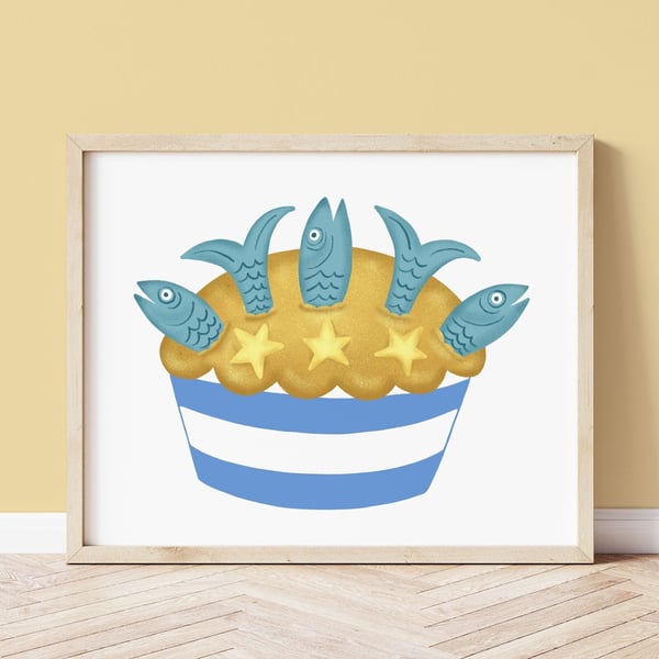 Stargazy Pie Illustrated Art Print - Cornwall Art 